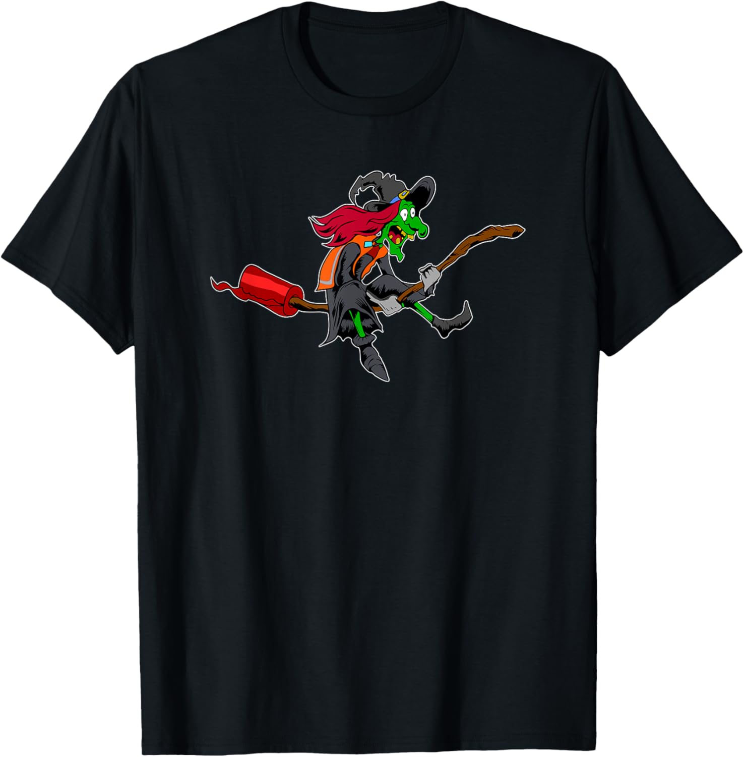 Witch Riding Red Wrap Broom Halloween T-Shirt B